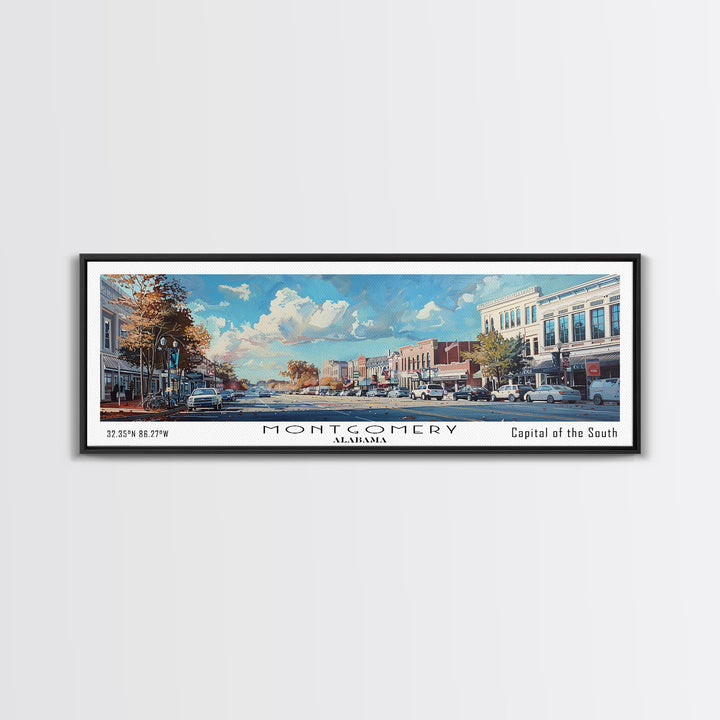 Montgomery Alabama Panoramic Framed Canvas Print, Stunning Watercolor Painting, Office Wall Art, Travel Poster, Home Decor, City Art