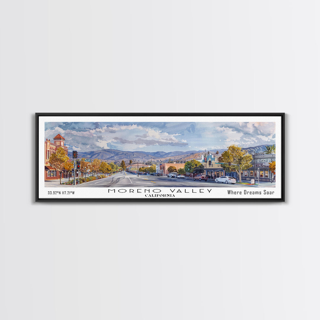 Moreno Valley California Panoramic Framed Canvas Print, Watercolor Cityscape, Office Wall Art, Travel Poster, Living Room Decor, City Art