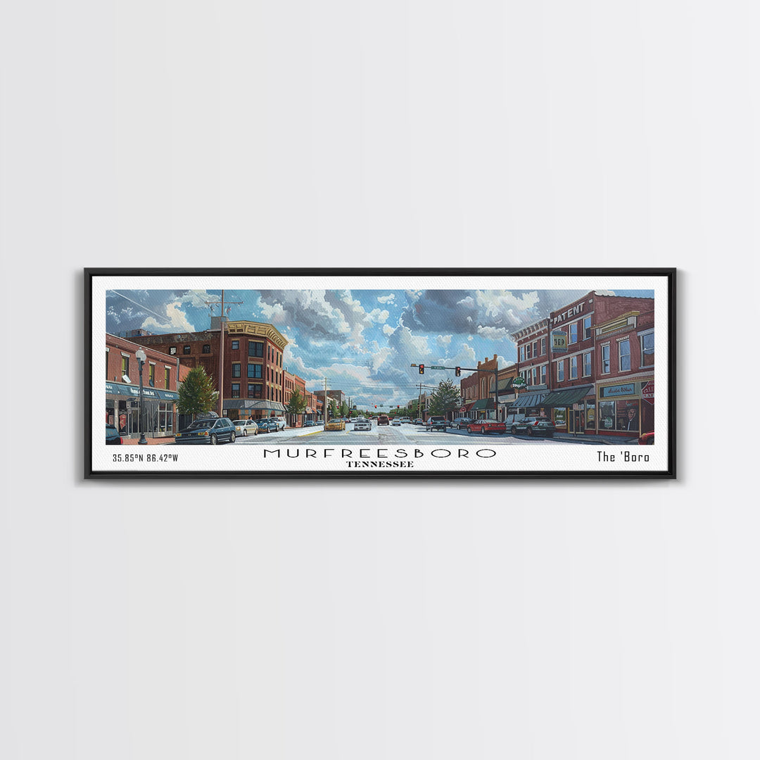Murfreesboro Tennessee Panoramic Framed Canvas Print, Stunning Watercolor City Art, Office Wall Decor, Travel Poster, Living Room Decor