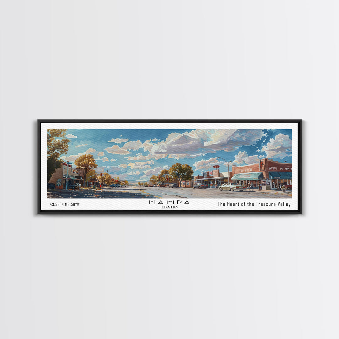 Nampa Idaho Panoramic Framed Canvas Print, Beautiful Watercolor Painting, Office Wall Art, Travel Poster, Home Decor, City Art