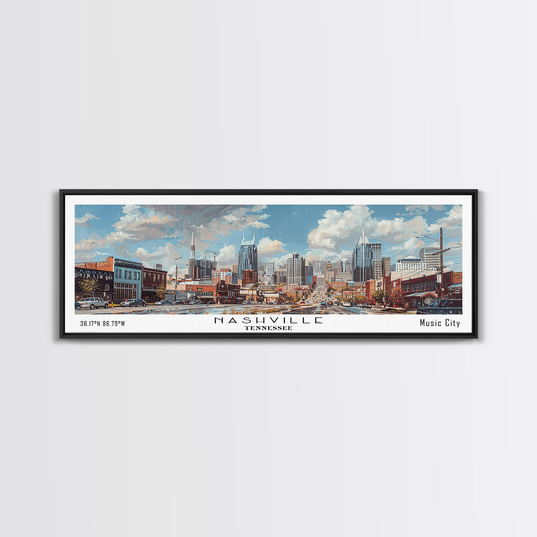 Nashville Tennessee Panoramic Framed Canvas Print, Stunning Watercolor Painting, Office Wall Art, Travel Poster, Home Decor, City Art