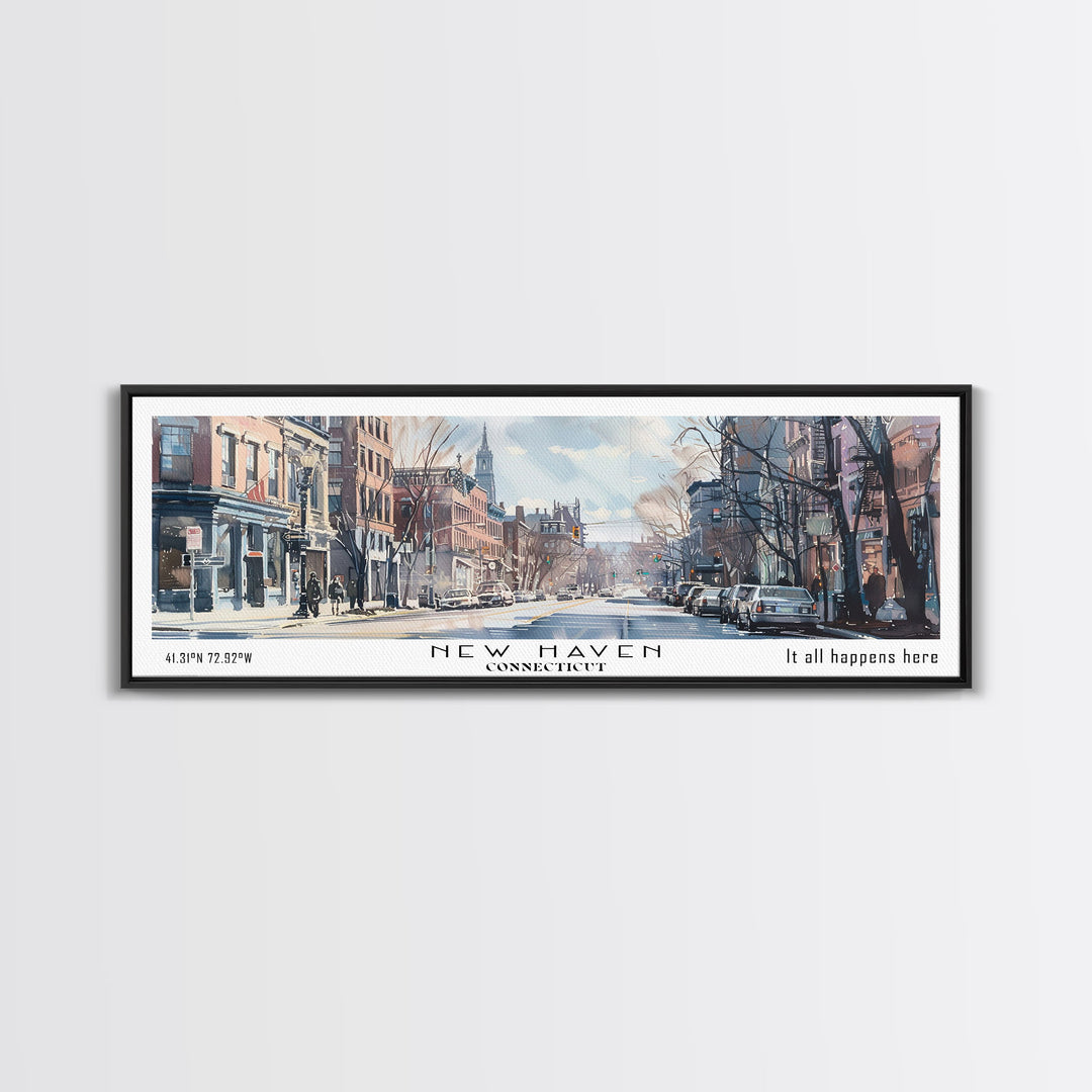 New Haven Connecticut Panoramic Framed Canvas Print, Stunning Watercolor Painting, Office Wall Art, Travel Poster, Home Decor