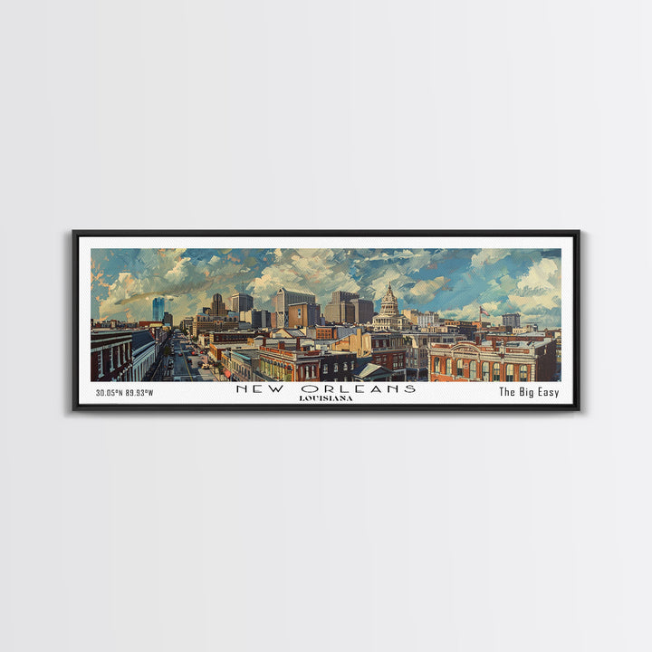 New Orleans Louisiana Panoramic Painting, Framed Canvas Print for Home Decor, Unique Watercolor Art, Travel Poster, Cityscape Gift Idea