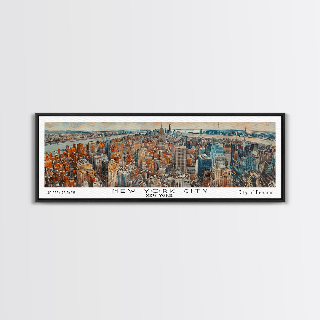 New York New York Panoramic Framed Canvas Print, Watercolor Painting of Cityscape, Home Decor, Travel Poster, Gift Idea for Urban Art Lovers