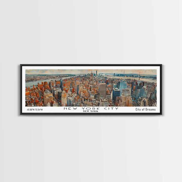 New York New York Panoramic Framed Canvas Print, Watercolor Painting of Cityscape, Home Decor, Travel Poster, Gift Idea for Urban Art Lovers
