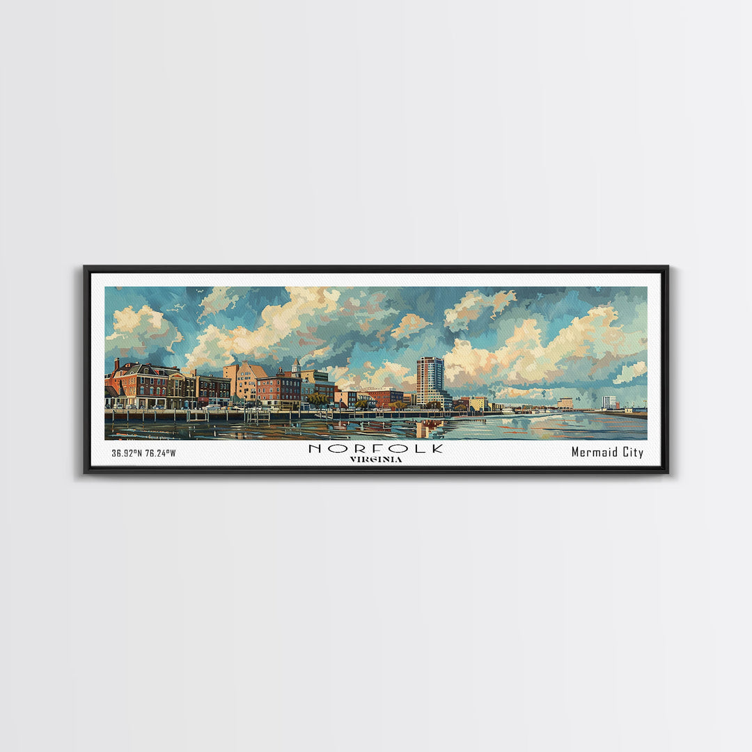 Norfolk Virginia Panoramic Painting, Framed Canvas Print for Office Wall Art, Watercolor Cityscape, Travel Poster, Beautiful Home Decor
