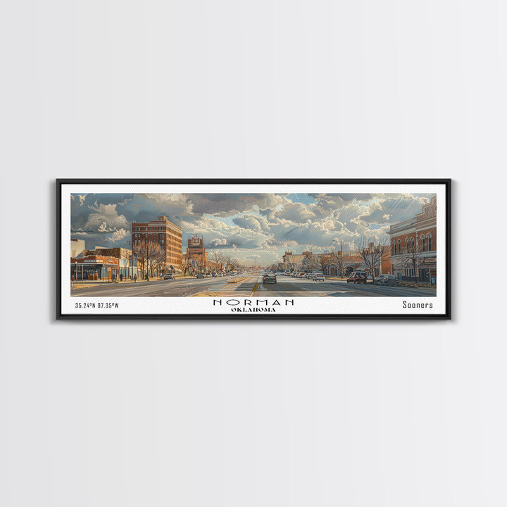 Norman Oklahoma Panoramic Framed Canvas Print, Cityscape Watercolor Painting, Travel Poster for Home Decor, Modern Wall Art, Unique Gift Idea