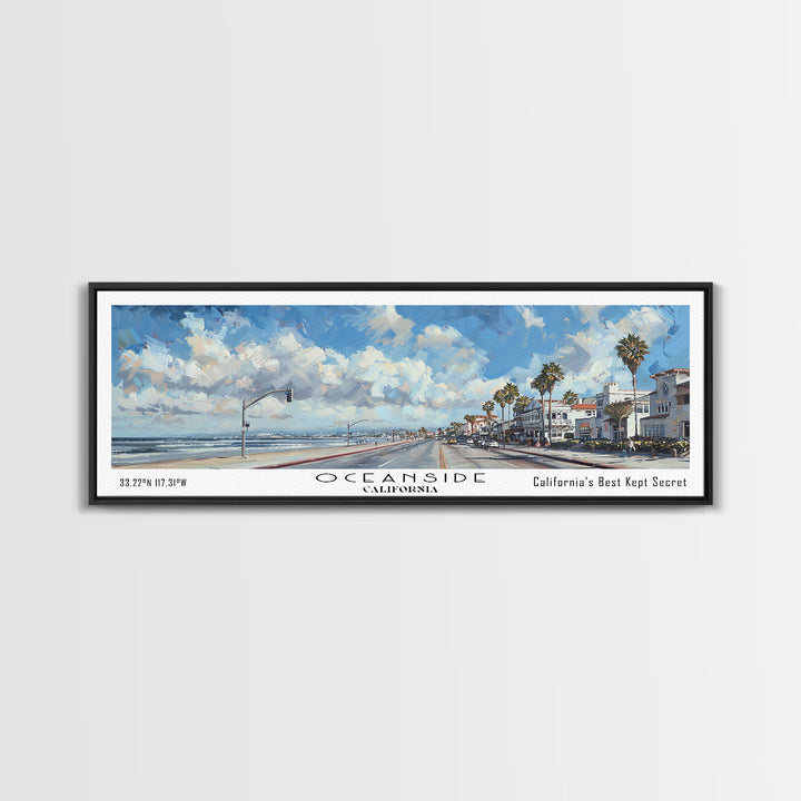 Oceanside California Panoramic Framed Canvas Print, Watercolor Cityscape Art, Travel Poster, Home Decor, Urban Gift Idea, Living Room Art