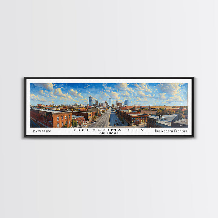 Oklahoma City Oklahoma Panoramic Framed Canvas Print, Cityscape Watercolor Painting, Travel Poster, Home Decor, Unique Gift Idea, Urban Art