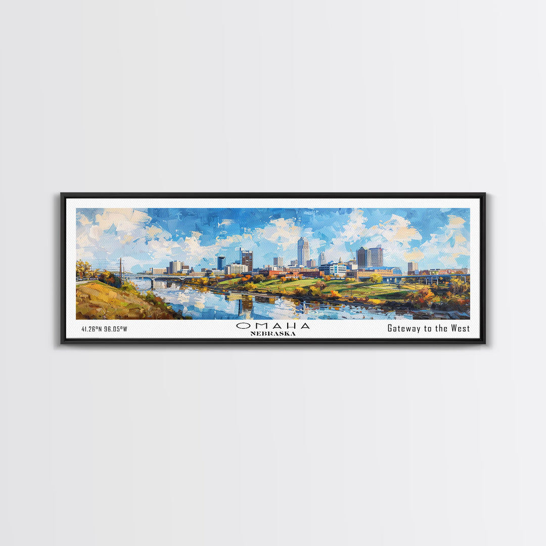 Omaha Nebraska Panoramic Framed Canvas Print, Cityscape Watercolor Painting, Travel Poster, Home Decor, Urban Gift Idea, Office Wall Art