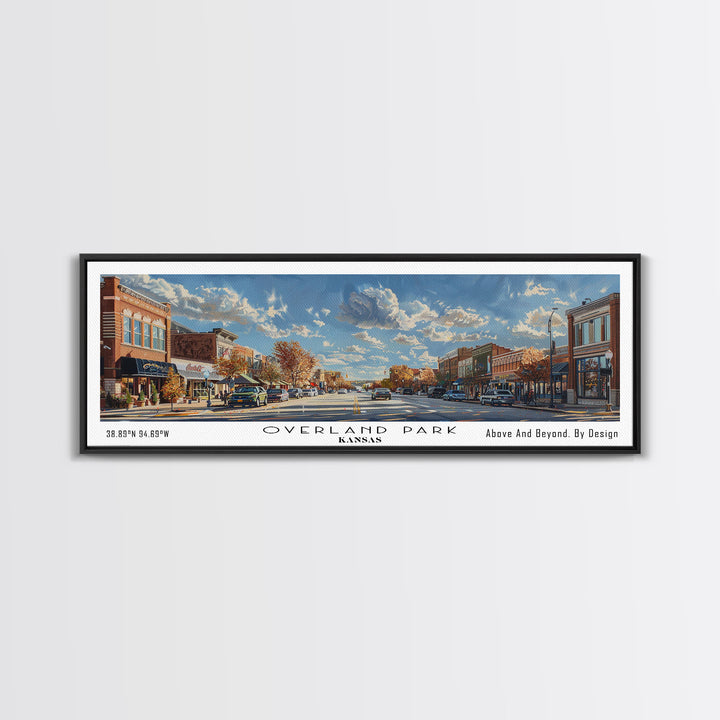 Overland Park Kansas Panoramic Framed Canvas Print, Cityscape Watercolor Painting, Travel Poster, Modern Home Decor, Urban Gift Idea