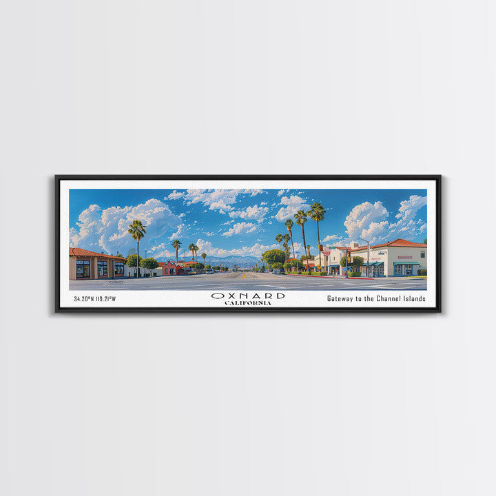 Oxnard California Panoramic Painting, Framed Canvas Print, Stunning Cityscape Watercolor Art, Travel Poster for Home Decor, Unique Gift Idea