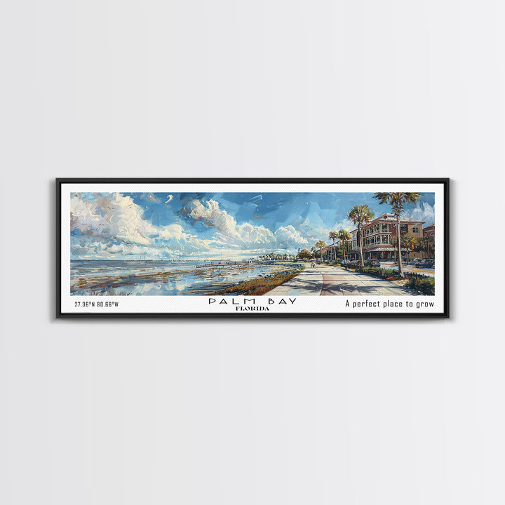 Palm Bay Florida Panoramic Framed Canvas Print, Watercolor Cityscape Art, Travel Poster, Home Decor, Urban Gift Idea, Living Room Art