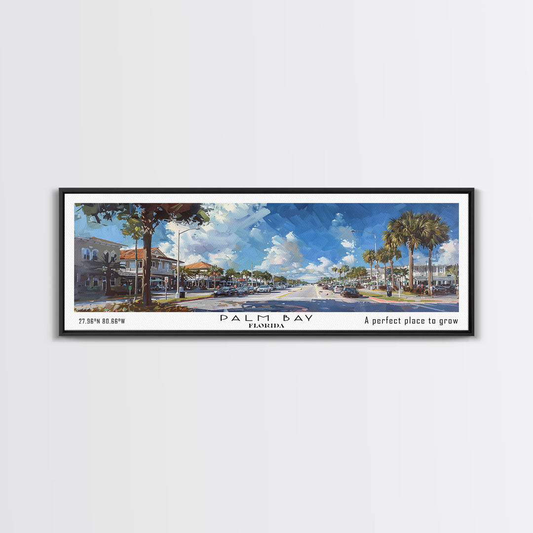 Palm Bay Florida Panoramic Painting, Framed Canvas Print, Beautiful Cityscape Watercolor Art, Travel Poster, Modern Home Decor, Unique Gift