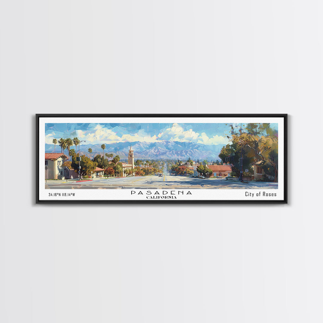 Pasadena California Panoramic Framed Canvas Print, Cityscape Watercolor Painting, Travel Poster, Home Decor, Urban Gift Idea, Office Wall Art