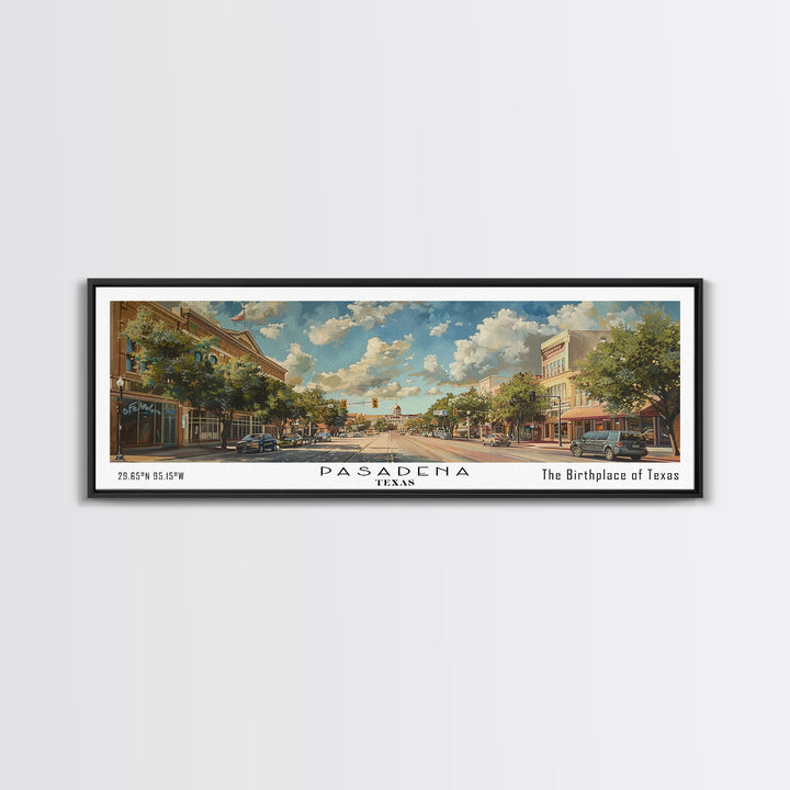 Pasadena Texas Panoramic Painting, Framed Canvas Print, Beautiful Cityscape Watercolor Art, Travel Poster for Home Decor, Unique Gift Idea