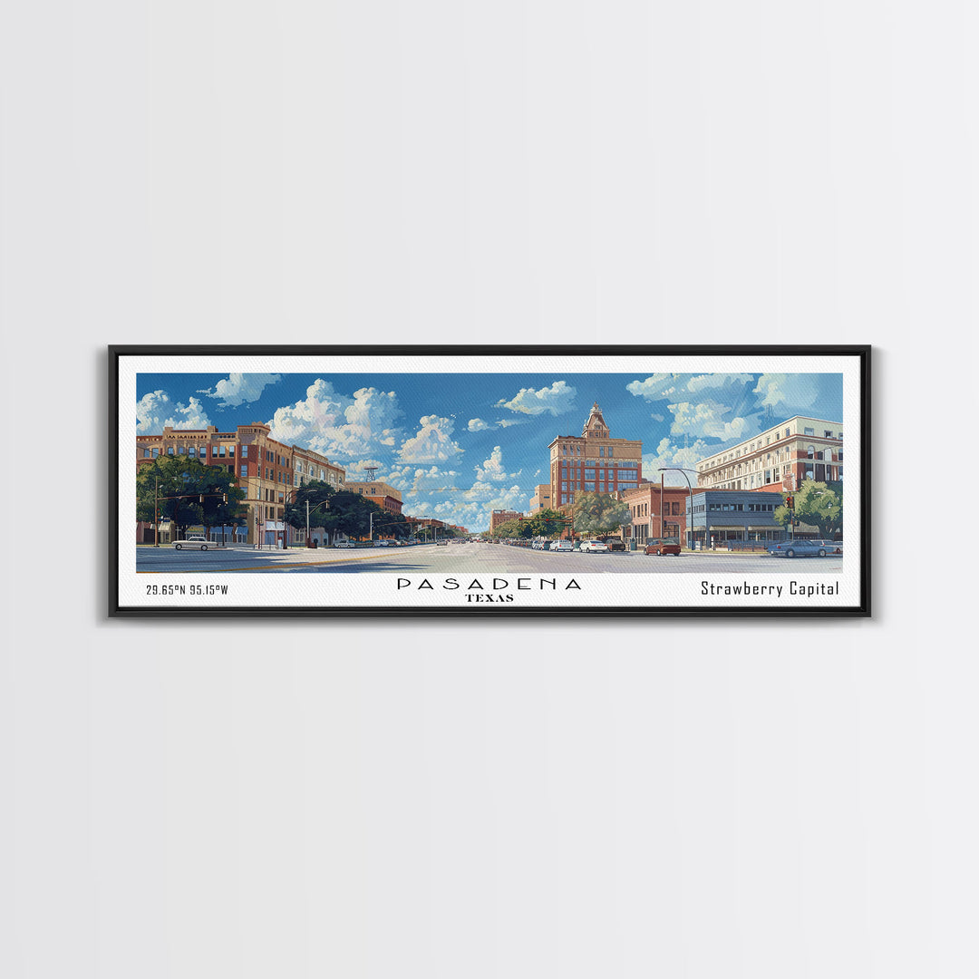 Pasadena Texas Panoramic Framed Canvas Print, Cityscape Watercolor Painting, Travel Poster, Modern Home Decor, Urban Gift Idea