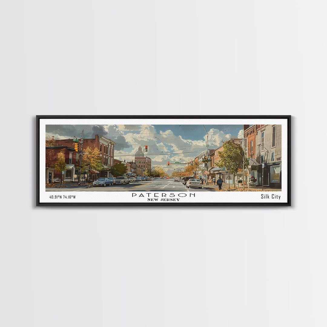 Paterson New Jersey Panoramic Painting, Framed Canvas Print, Stunning Watercolor Cityscape Art, Travel Poster for Home Decor, Unique Gift