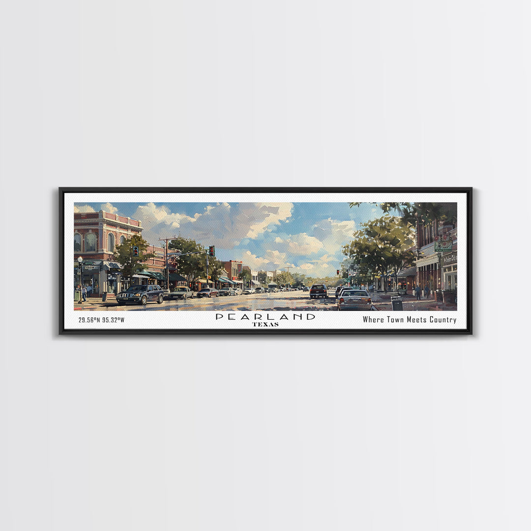 Pearland Texas Panoramic Framed Canvas Print, Cityscape Watercolor Painting, Travel Poster for Home Decor, Urban Art, Unique Gift Idea