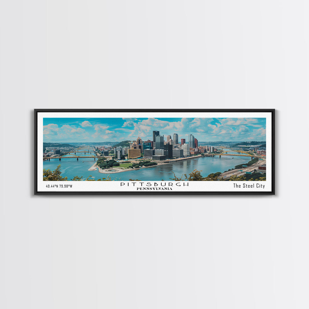 Pittsburgh Pennsylvania Panoramic Painting, Framed Canvas Print, Beautiful Cityscape Watercolor Art, Travel Poster, Modern Home Decor