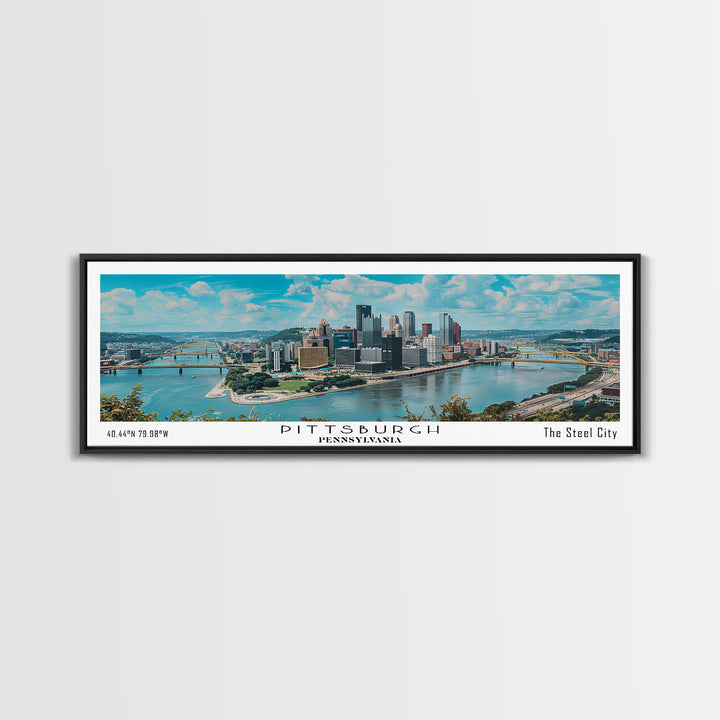 Pittsburgh Pennsylvania Panoramic Painting, Framed Canvas Print, Beautiful Cityscape Watercolor Art, Travel Poster, Modern Home Decor