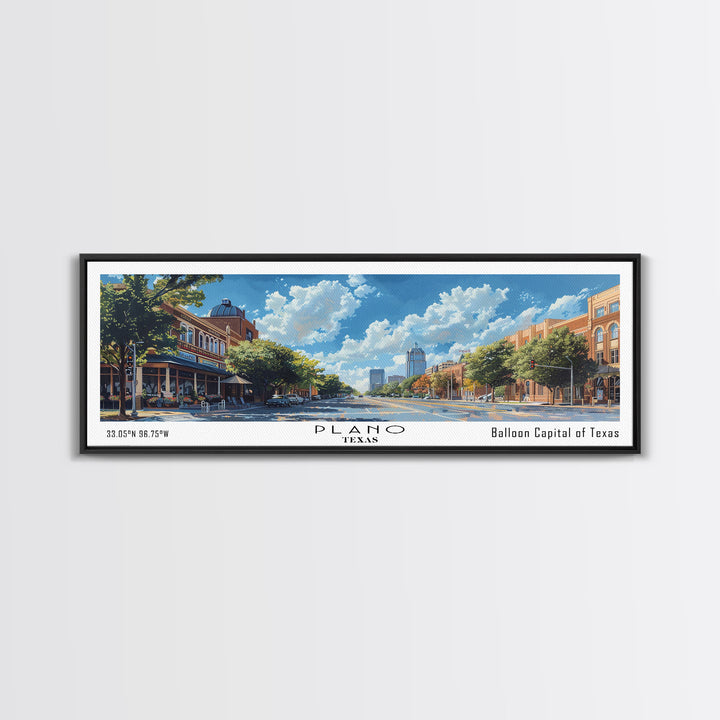 Plano Texas Panoramic Framed Canvas Print, Cityscape Watercolor Painting, Travel Poster for Home Decor, Urban Art, Unique Gift Idea
