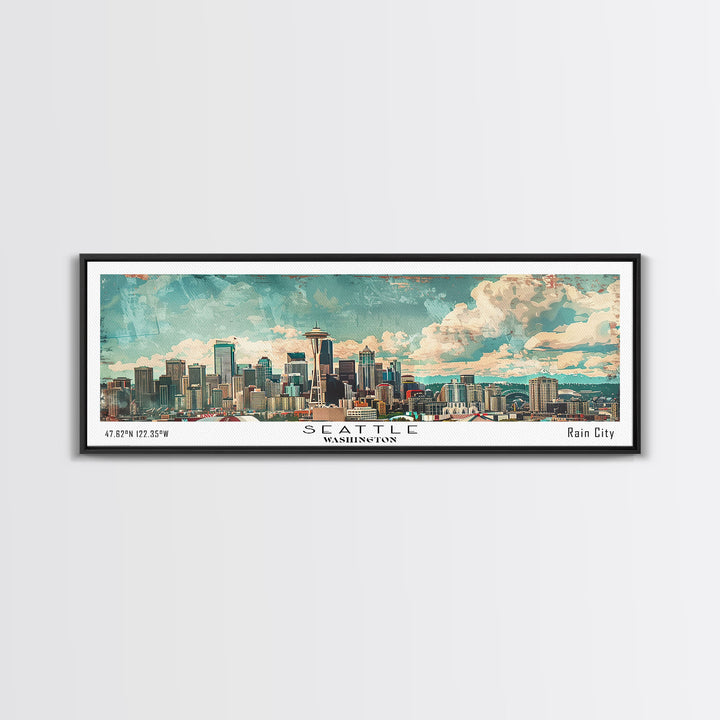 Seattle Washington Travel Poster, Framed Canvas Print, Wall Art, Home Decor, Office Decor, Living Room Art, Travel Gift, Vintage Style