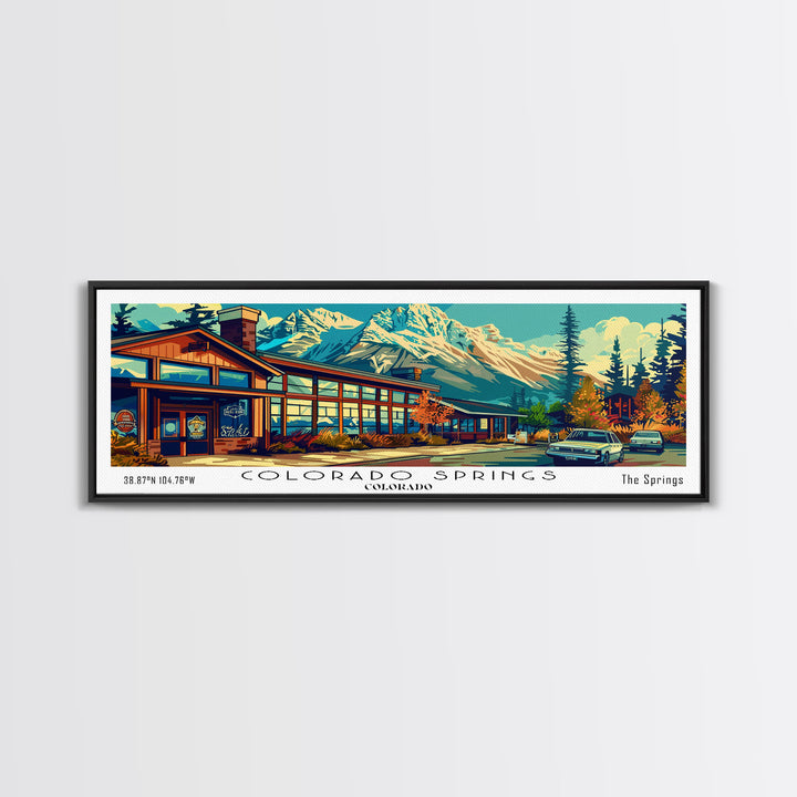 Colorado Springs Colorado Panoramic Travel Poster Framed Canvas Print, Mid Century Modern Art, Pop Art Style, Wall Art Decor, Home Decoration