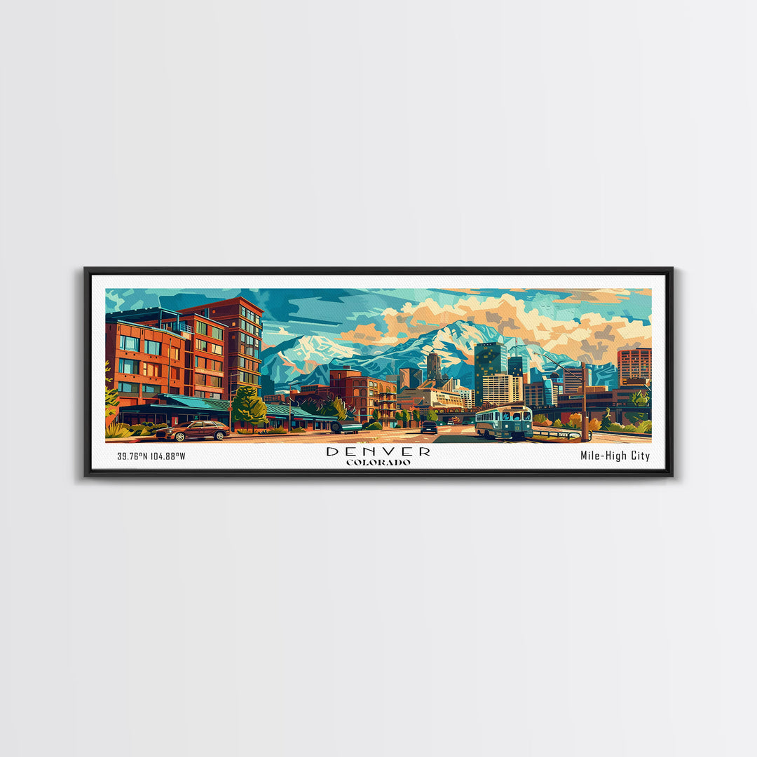 Denver Colorado Panoramic Painting Framed Canvas Print, Mid Century Modern Art, Pop Art Style, Travel Poster, Wall Art Decor, Retro Style