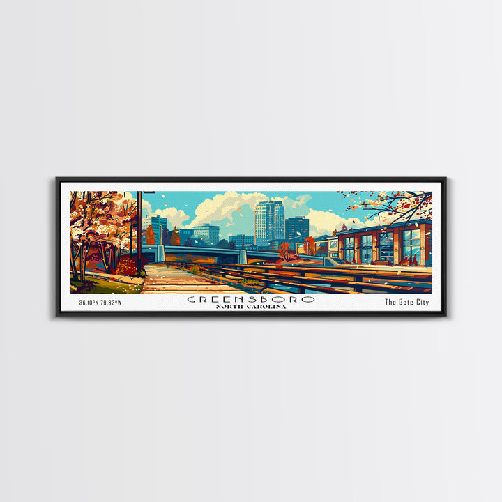 Greensboro North Carolina Panoramic Travel Poster Framed Canvas Print, Mid Century Modern Art, Pop Art Style, Wall Art Decor, Home Decoration