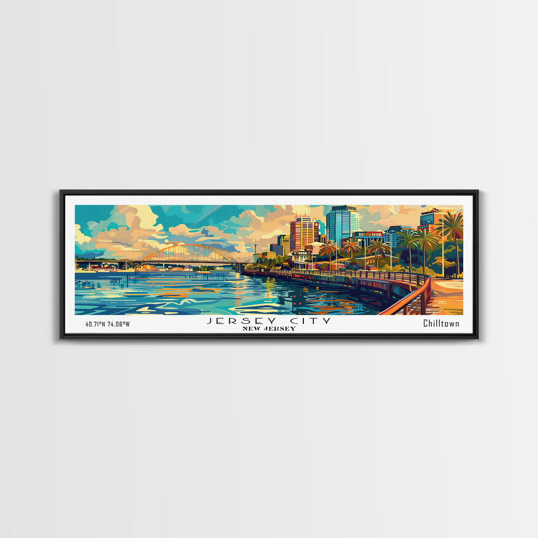 Jersey City New Jersey Panoramic Framed Canvas Print, Retro Style Wall Art, Mid Century Modern Home Decor, Pop Art Travel Poster