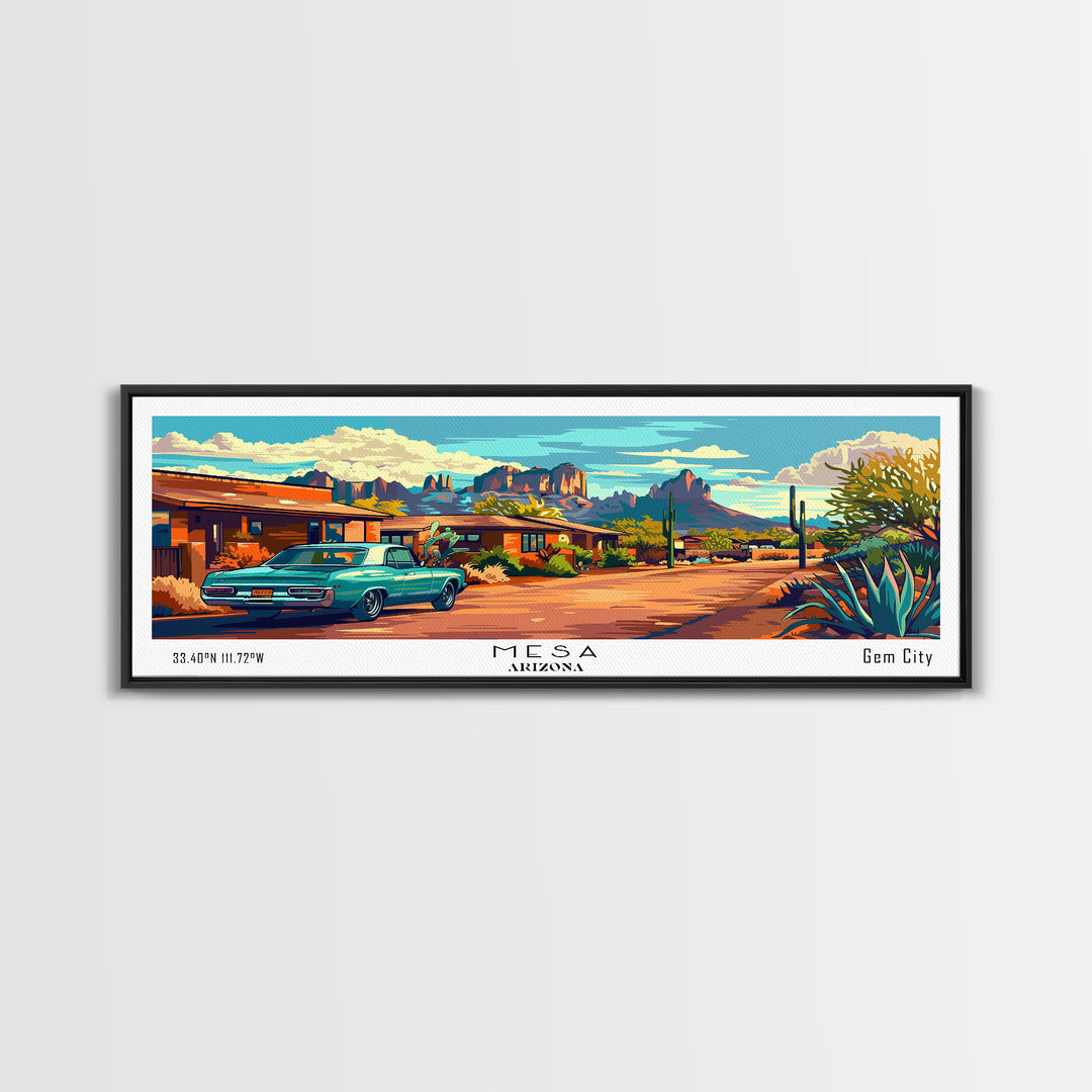 Mesa Arizona Panoramic Painting, Mid Century Modern Framed Canvas Print, Retro Style Wall Art, Pop Art Travel Poster