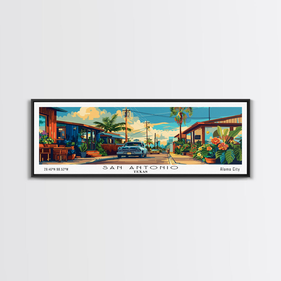 San Antonio Texas Panoramic Wall Art, Mid Century Modern Framed Canvas Print, Retro Pop Art Travel Poster, Home Decor