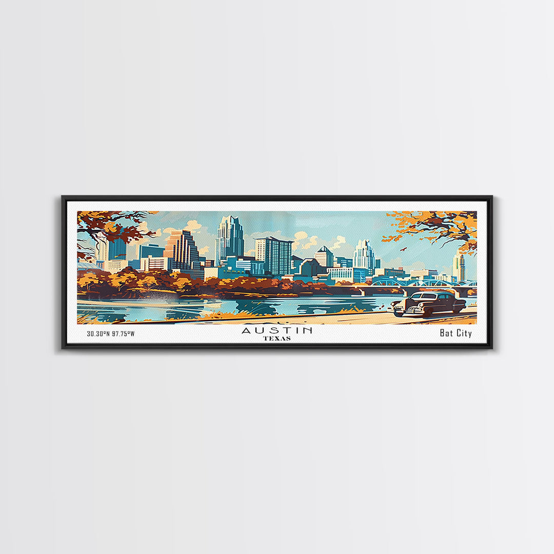 Austin Texas Panoramic Painting, Mid Century Modern Framed Canvas Print, Retro Pop Art Travel Poster, Wall Art, Home Decor, Office Art, Gift Idea