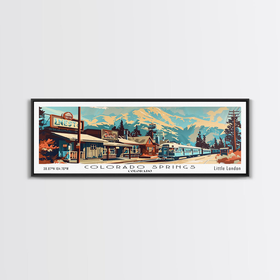 Colorado Springs Colorado Panoramic Painting, Mid Century Modern Framed Canvas Print, Retro Pop Art Travel Poster, Wall Decor, Gift Idea, Home Decor