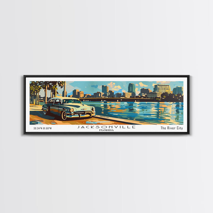 Jacksonville Florida Panoramic Wall Art, Mid Century Modern Framed Canvas Print, Retro Pop Art Travel Poster, Living Room Art, Office Decor, Wall Hanging