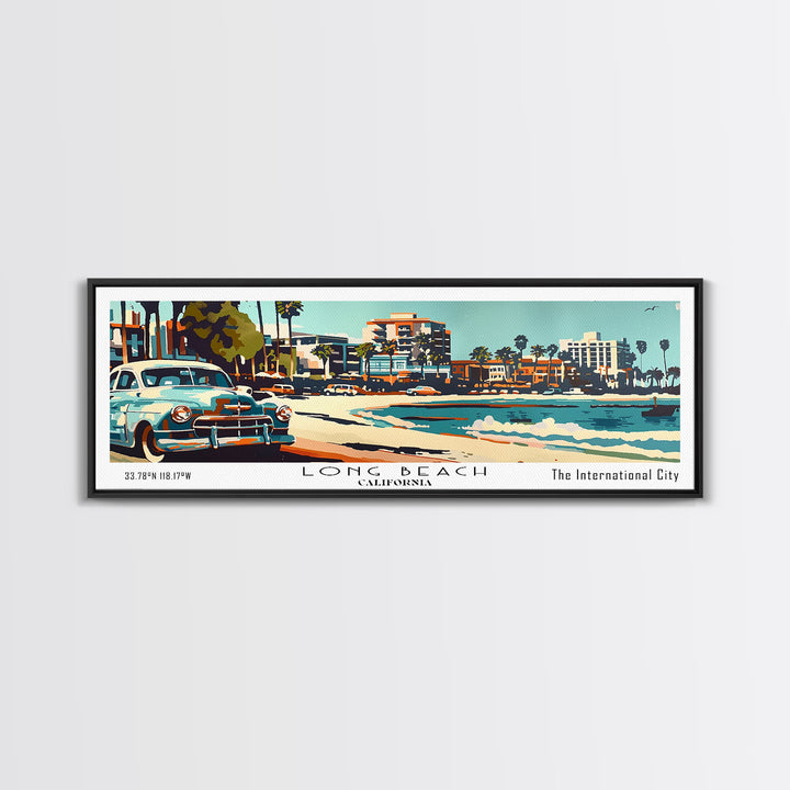 Long Beach California Panoramic Painting, Mid Century Modern Framed Canvas Print, Retro Pop Art Travel Poster, Living Room Wall Art, Home Decor, Vintage Style