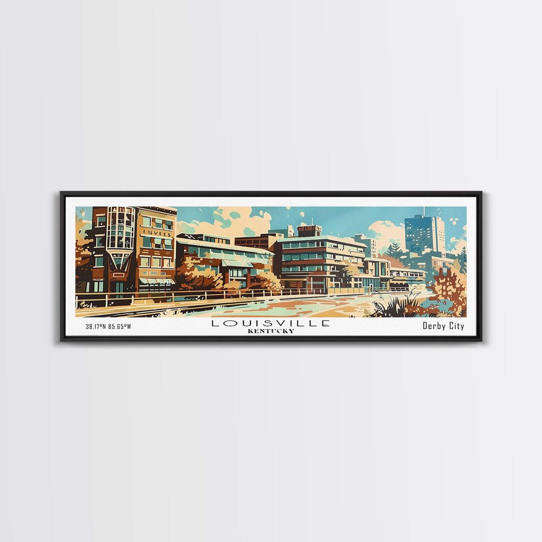 Louisville Kentucky Panoramic Painting, Mid Century Modern Framed Canvas Print, Retro Pop Art Travel Poster, Living Room Art, Home Decor, Office Decor, Vintage Style