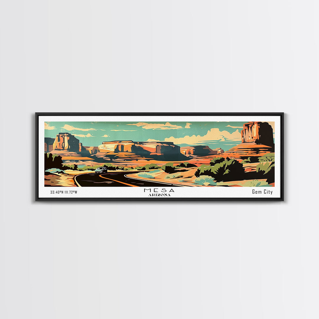 Mesa Arizona Panoramic Painting, Mid Century Modern Framed Canvas Print, Retro Pop Art Travel Poster, Living Room Art, Home Decor, Office Wall Art, Vintage Style