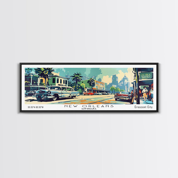 New Orleans Louisiana Panoramic Painting, Mid Century Modern Framed Canvas Print, Retro Pop Art Travel Poster, Living Room Art, Home Decor, Office Wall Art, Vintage Style