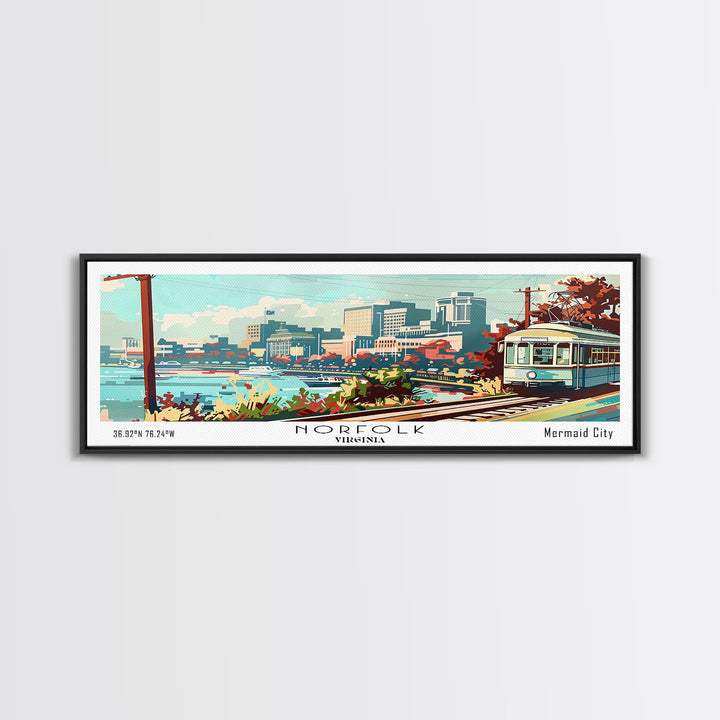 Norfolk Virginia Panoramic Painting, Mid Century Modern Framed Canvas Print, Retro Pop Art Travel Poster, Living Room Art, Home Decor, Office Wall Art, Vintage Style