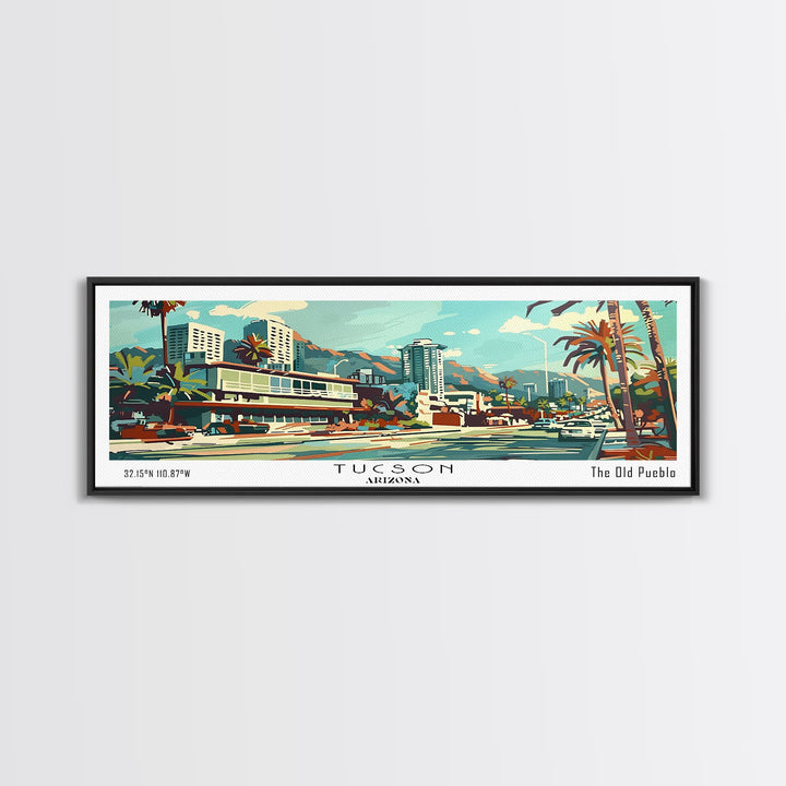 Tucson Arizona Panoramic Wall Art, Mid Century Modern Framed Canvas Print, Retro Pop Art Travel Poster, Living Room and Office Decor
