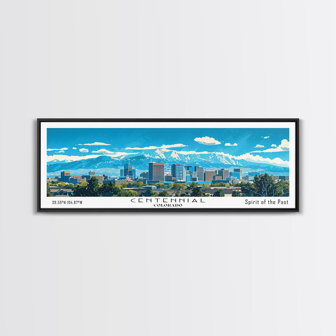 Centennial Colorado Panoramic Painting, Mid Century Modern Framed Canvas Print, Retro Pop Art Travel Poster, Office Wall Art Decor, City Art