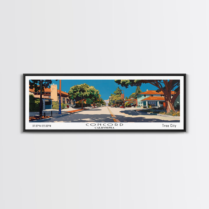Concord California Panoramic Painting, Mid Century Modern Framed Canvas Print, Retro Pop Art Travel Poster, City Wall Decor, Office Decor