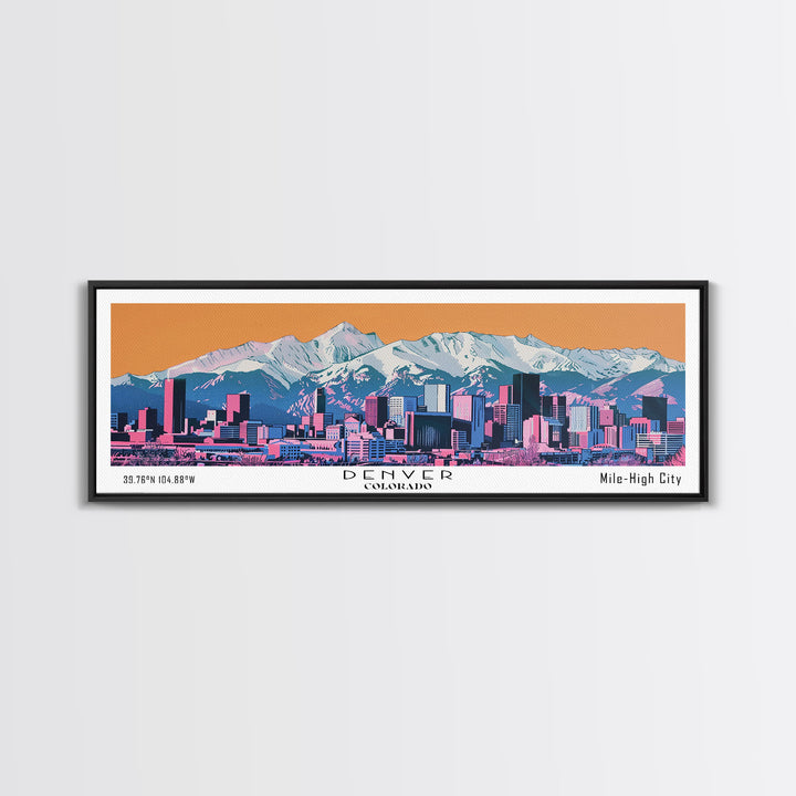 Denver Colorado Panoramic Wall Art, Mid Century Modern Framed Canvas Print, Retro Pop Art Travel Poster, City Living Room Art, Office Decor