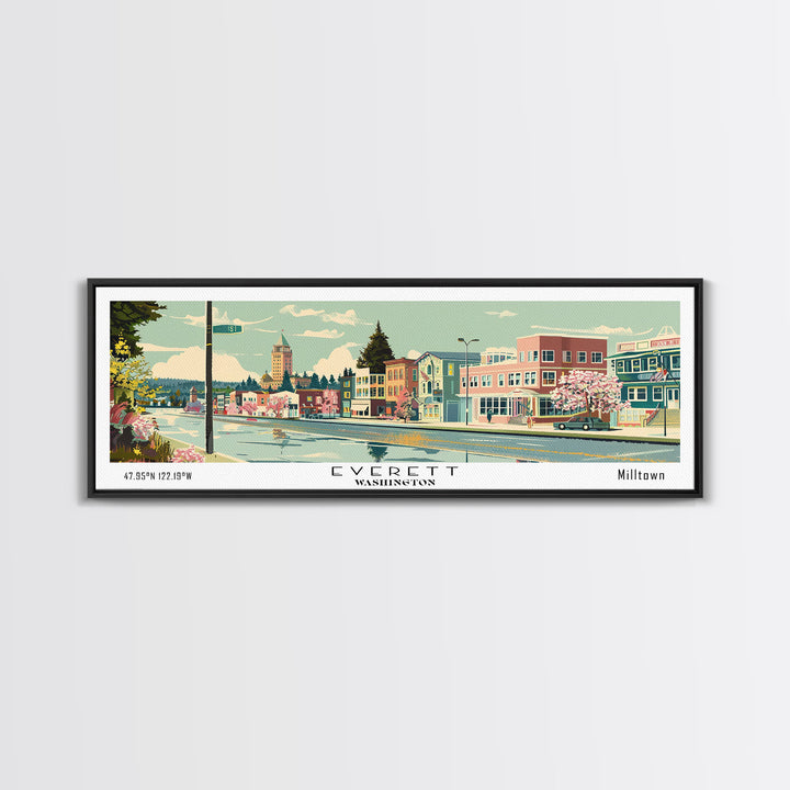 Everett Washington Panoramic Painting, Mid Century Modern Framed Canvas Print, Retro Pop Art Travel Poster, Home Wall Decor