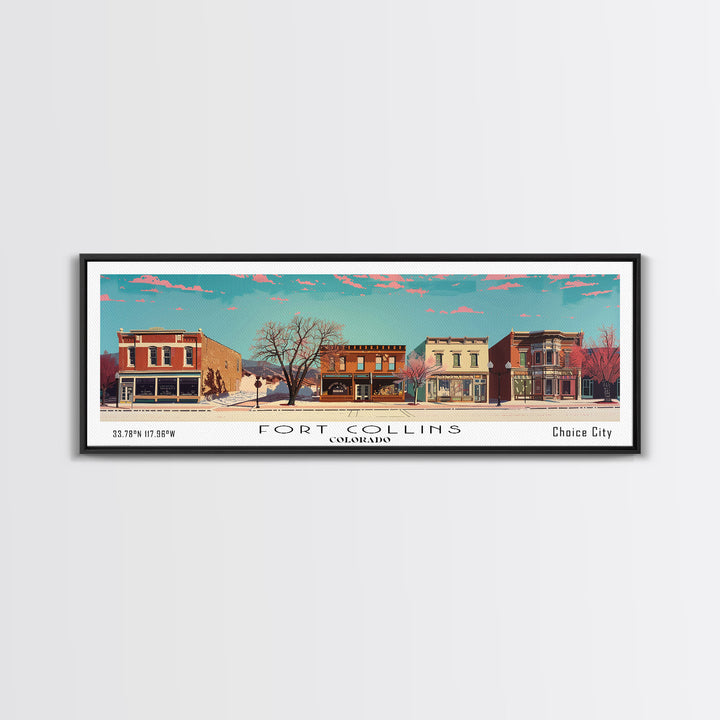 Fort Collins Colorado Panoramic Painting, Mid Century Modern Framed Canvas Print, Retro Pop Art Travel Poster, Office Wall Decor