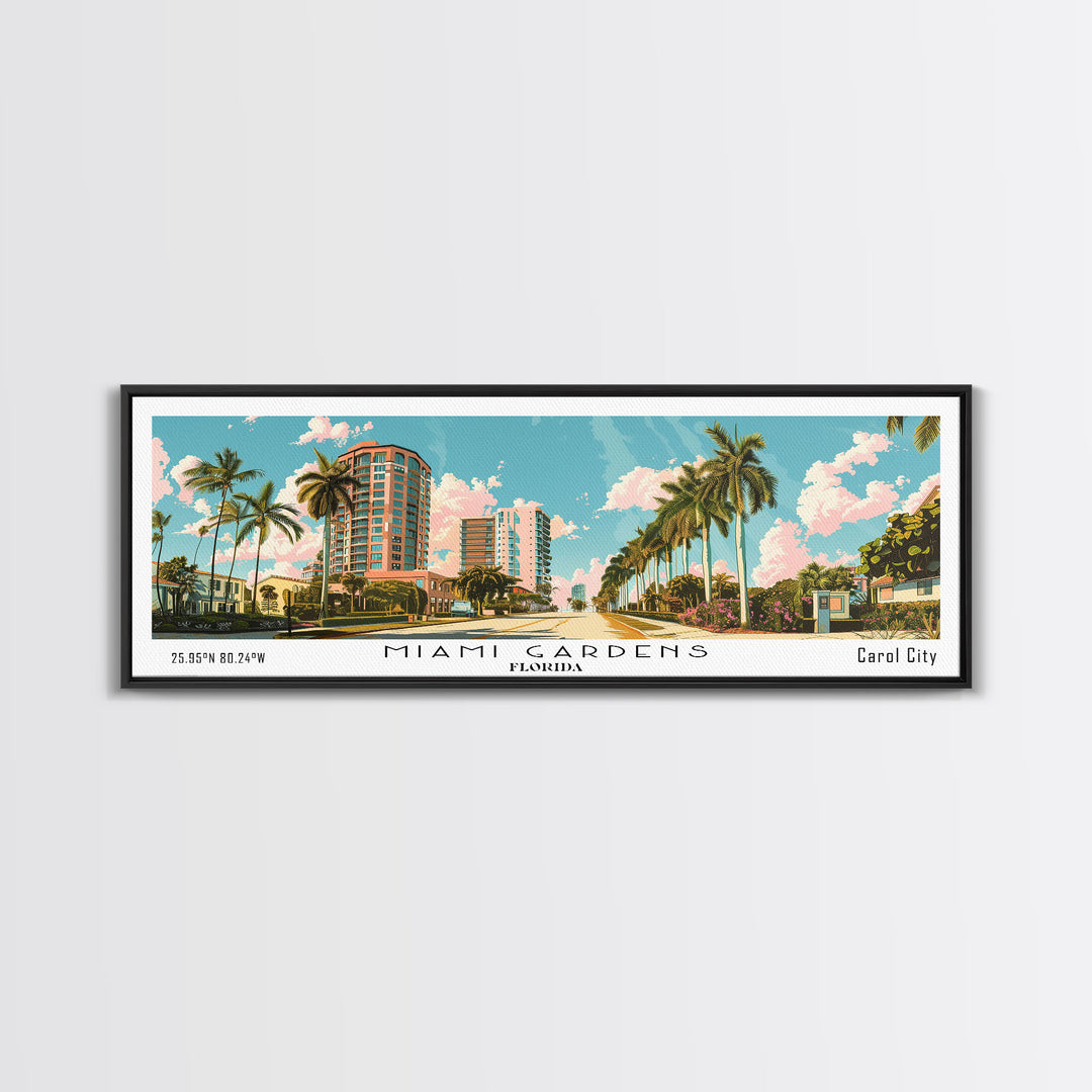 Miami Gardens Florida Panoramic Painting, Mid Century Modern Framed Canvas Print, Retro Pop Art Travel Poster, Home Wall Decor