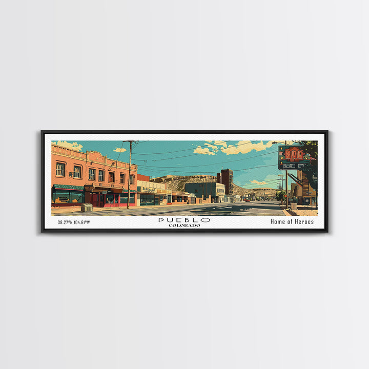 Pueblo Colorado Panoramic Wall Art, Mid Century Modern Framed Canvas Print, Retro Pop Art Travel Poster, City Art, Office Wall Decor, Living Room Art