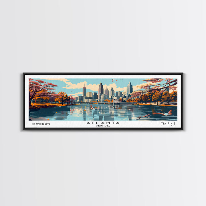Atlanta Georgia Panoramic Painting, Framed Canvas Print, Mid Century Modern Wall Art, Retro Pop Art Travel Poster, Home Decor, City Art